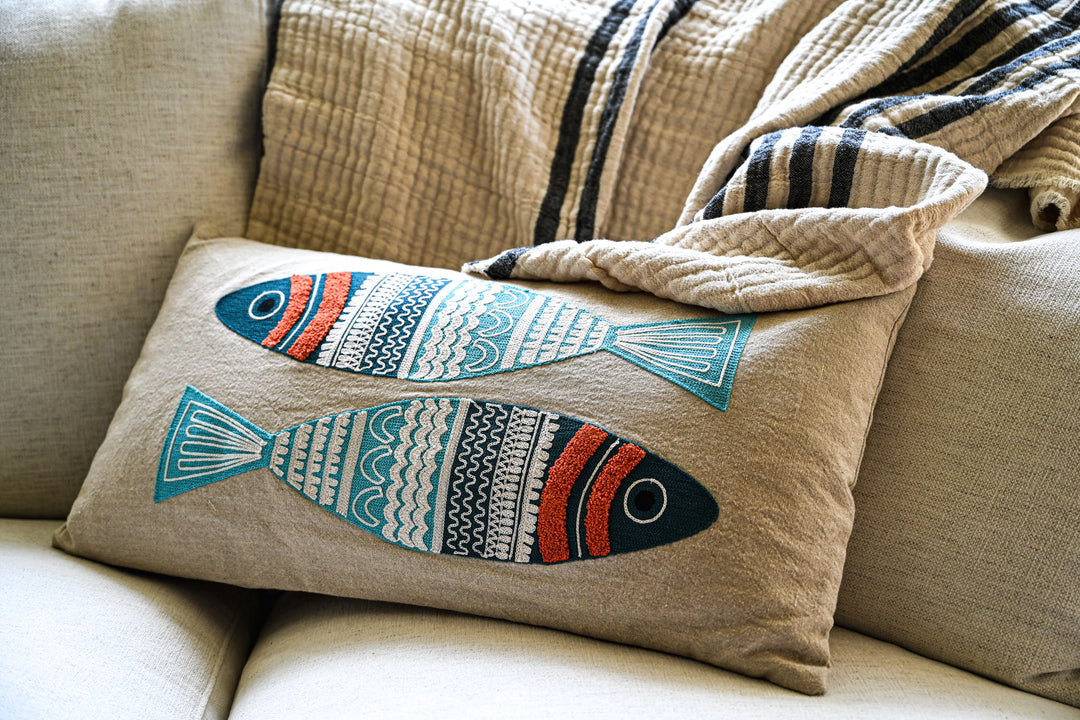 Cotton Chambray Lumbar Pillow - Fish: 24"x12"