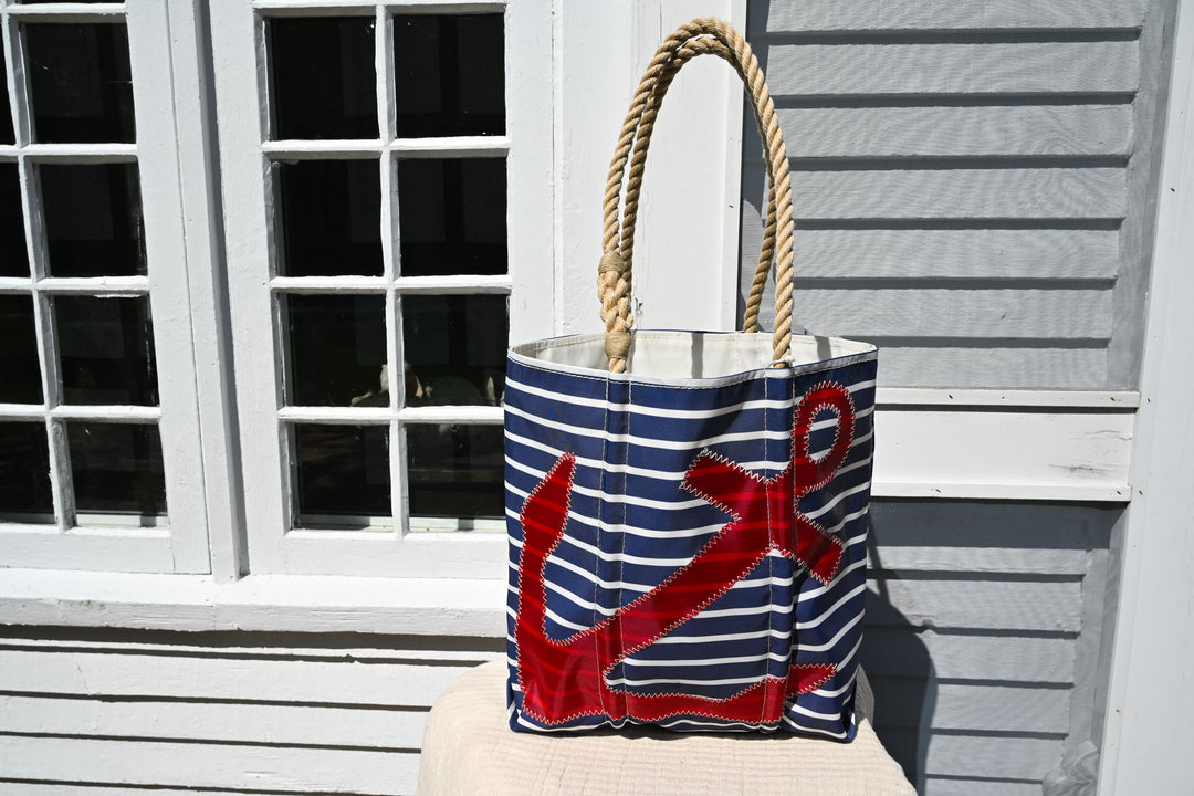 Sea Bag Tote-Medium Tote: Red Anchor w/Blue Stripe